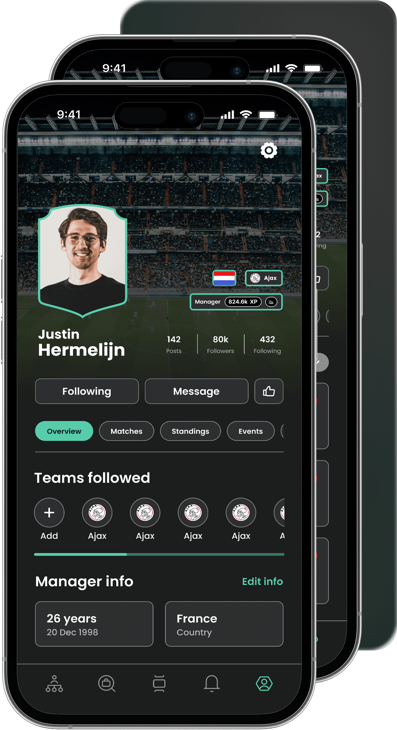 Coach overview, manager profile with teams and squad info