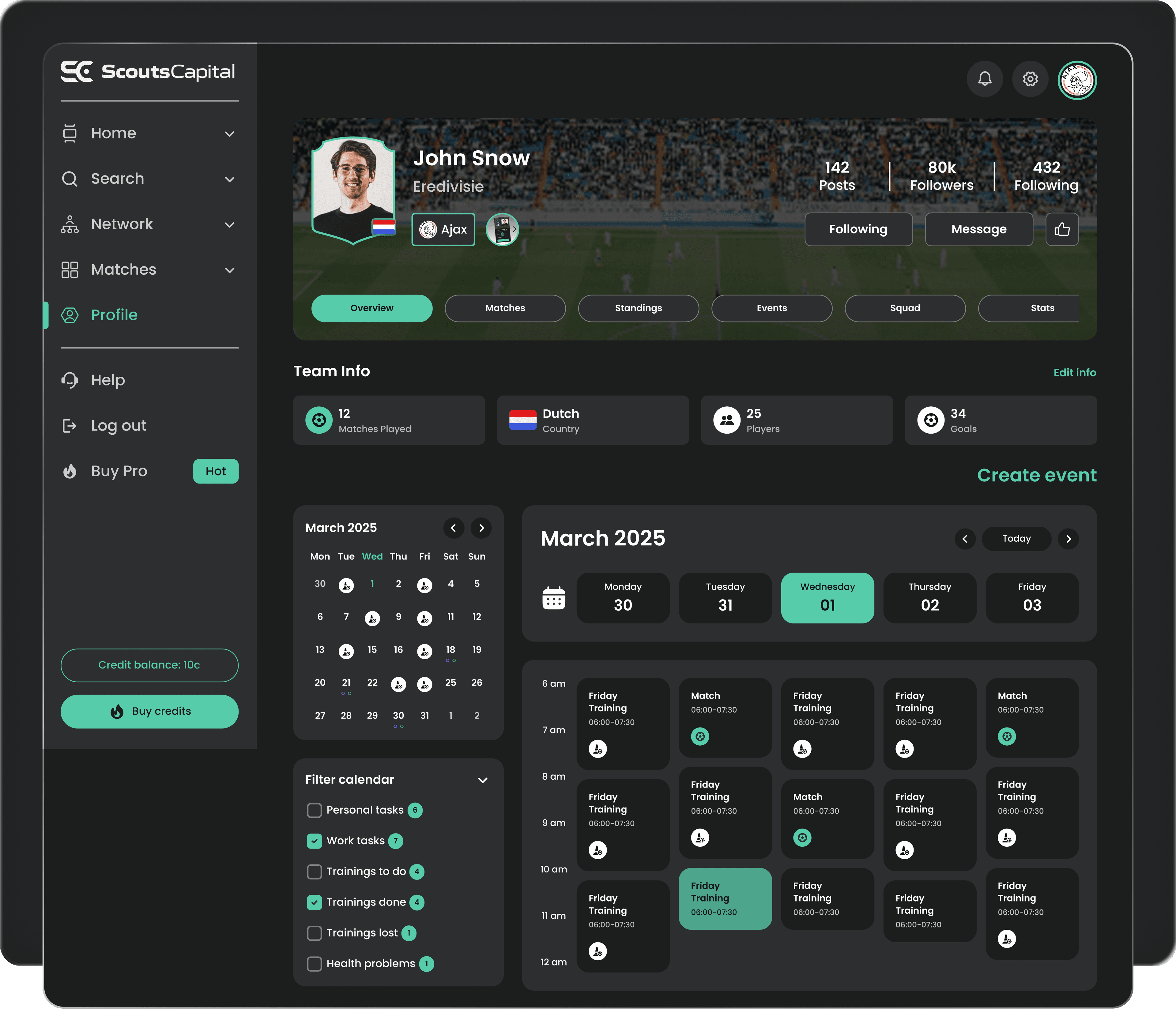 ScoutsCapital coach dashboard with team info and training calendar
