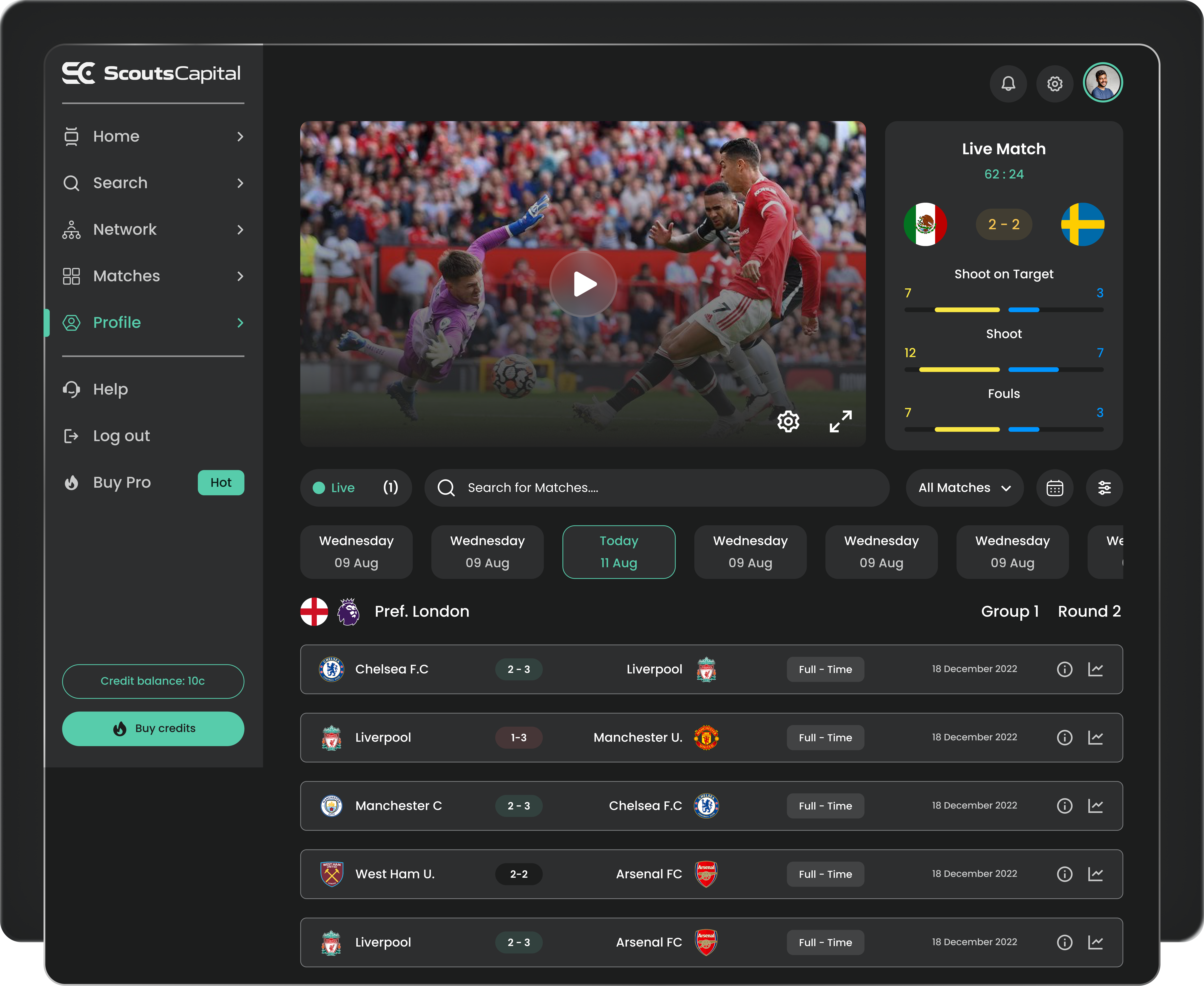 ScoutsCapital league dashboard with live match center and fixtures