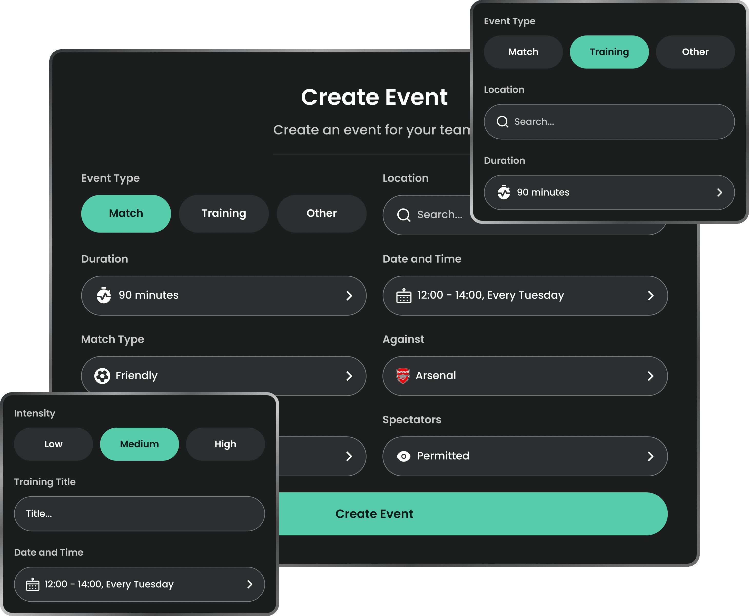 Create Event form, choose event type, location, duration, date and time, opponent, and more